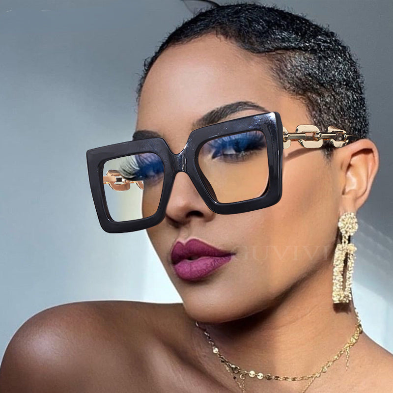 Oversize Square Anti Blue Light Glasses Punk Hollow Chain Arm Clear Lens Computer Glasses Black Leopard Jelly Blue Frame Eyewear - Image 2