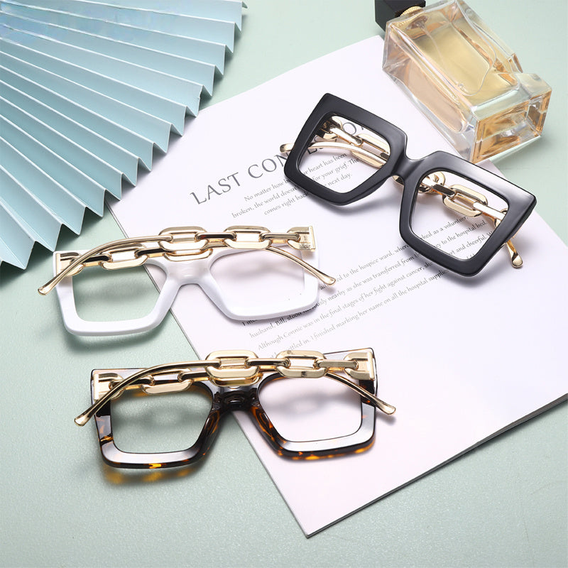 Oversize Square Anti Blue Light Glasses Punk Hollow Chain Arm Clear Lens Computer Glasses Black Leopard Jelly Blue Frame Eyewear - Image 3