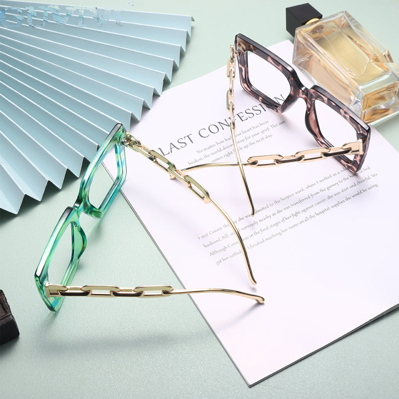 Oversize Square Anti Blue Light Glasses Punk Hollow Chain Arm Clear Lens Computer Glasses Black Leopard Jelly Blue Frame Eyewear - Image 4