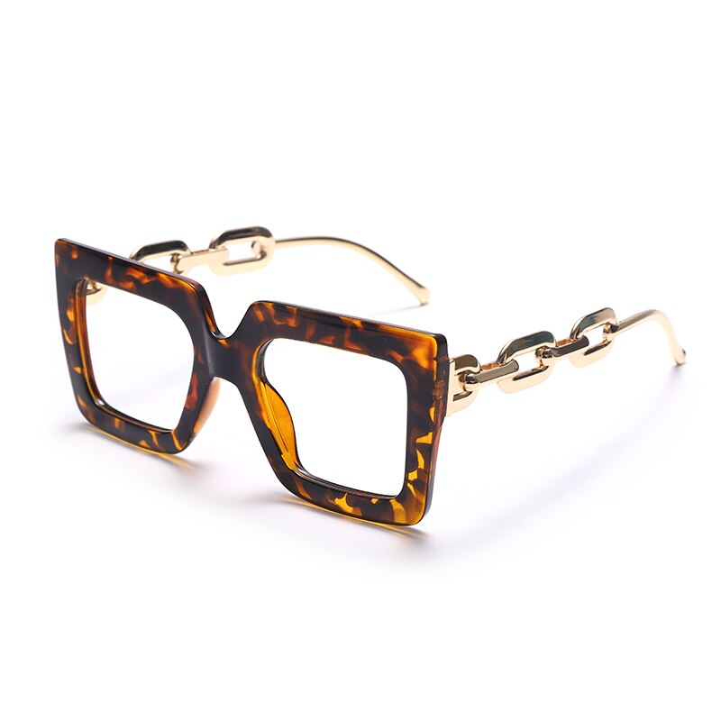 Oversize Square Anti Blue Light Glasses Punk Hollow Chain Arm Clear Lens Computer Glasses Black Leopard Jelly Blue Frame Eyewear - Image 12